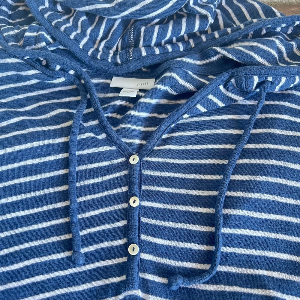 J. Jill Striped Linen Cotton Henley Hoodie Navy White Roll Tab Sleeve Small - Picture 9 of 14